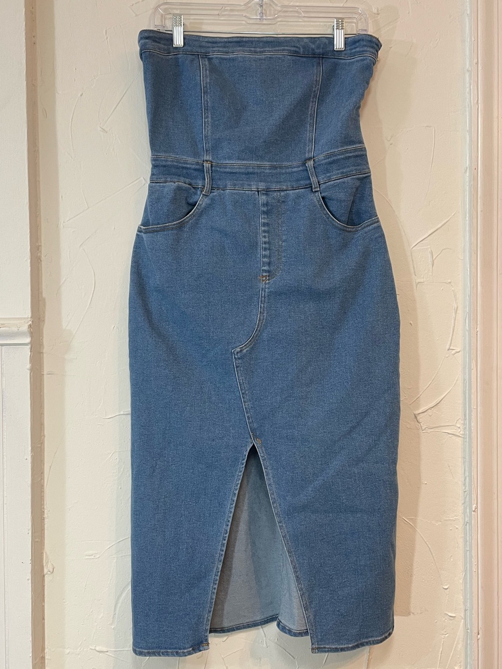 Windsor Strapless Blue Denim Midi Dress with Front Slit | Cowgirl | Size Medium